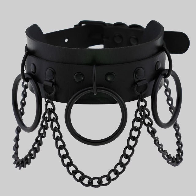 Collier Cuir Noir Gothique Avec Chaines