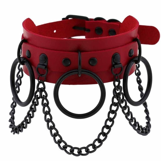 Collier Cuir Noir Gothique Avec Chaines