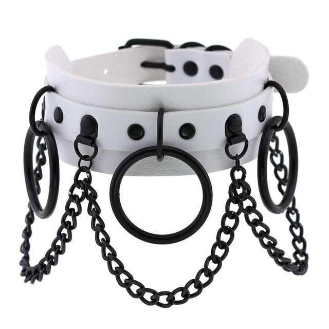 Collier Cuir Noir Gothique Avec Chaines