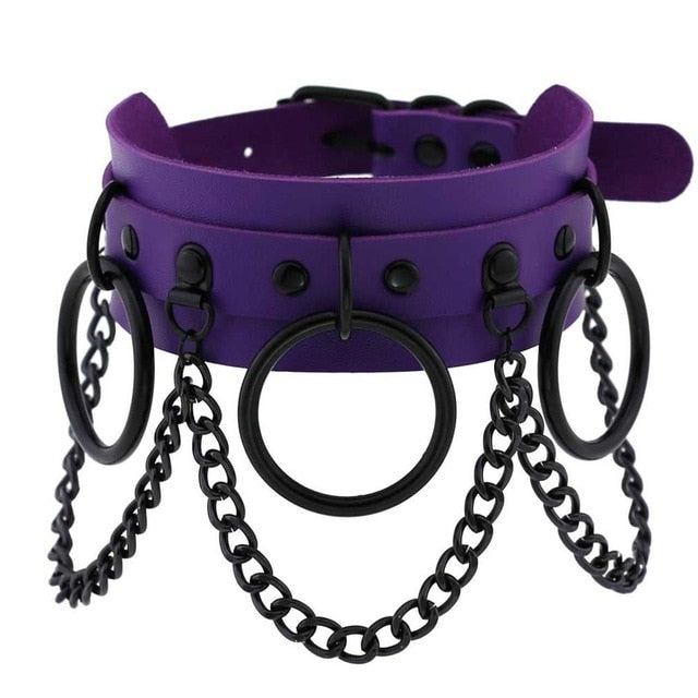 Collier Cuir Noir Gothique Avec Chaines