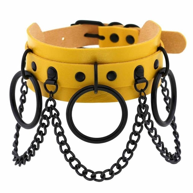 Collier Cuir Noir Gothique Avec Chaines